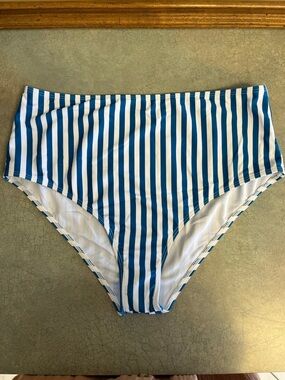 Amazon Blue & White Vertical Stripe High-Waist Bikini Bottom